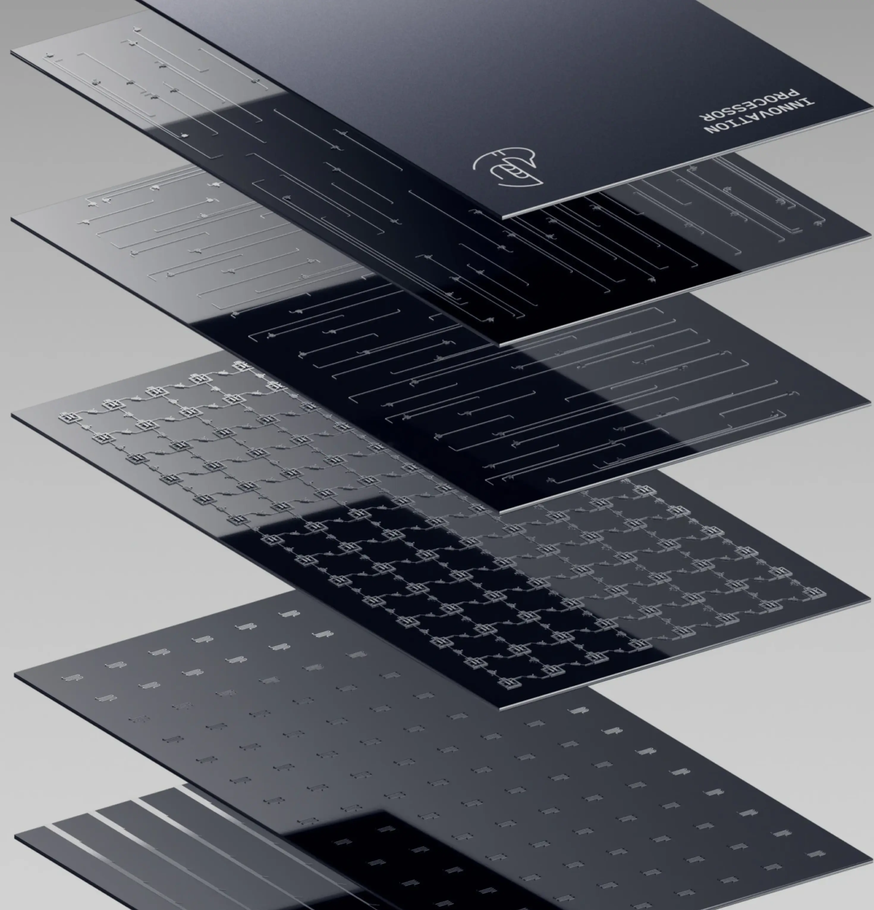 Six dark silicon layers fanned apart in an exploded stack, each panel etched with fine circuit tracery and one lettered Innovation Processor, against a pale grey ground.