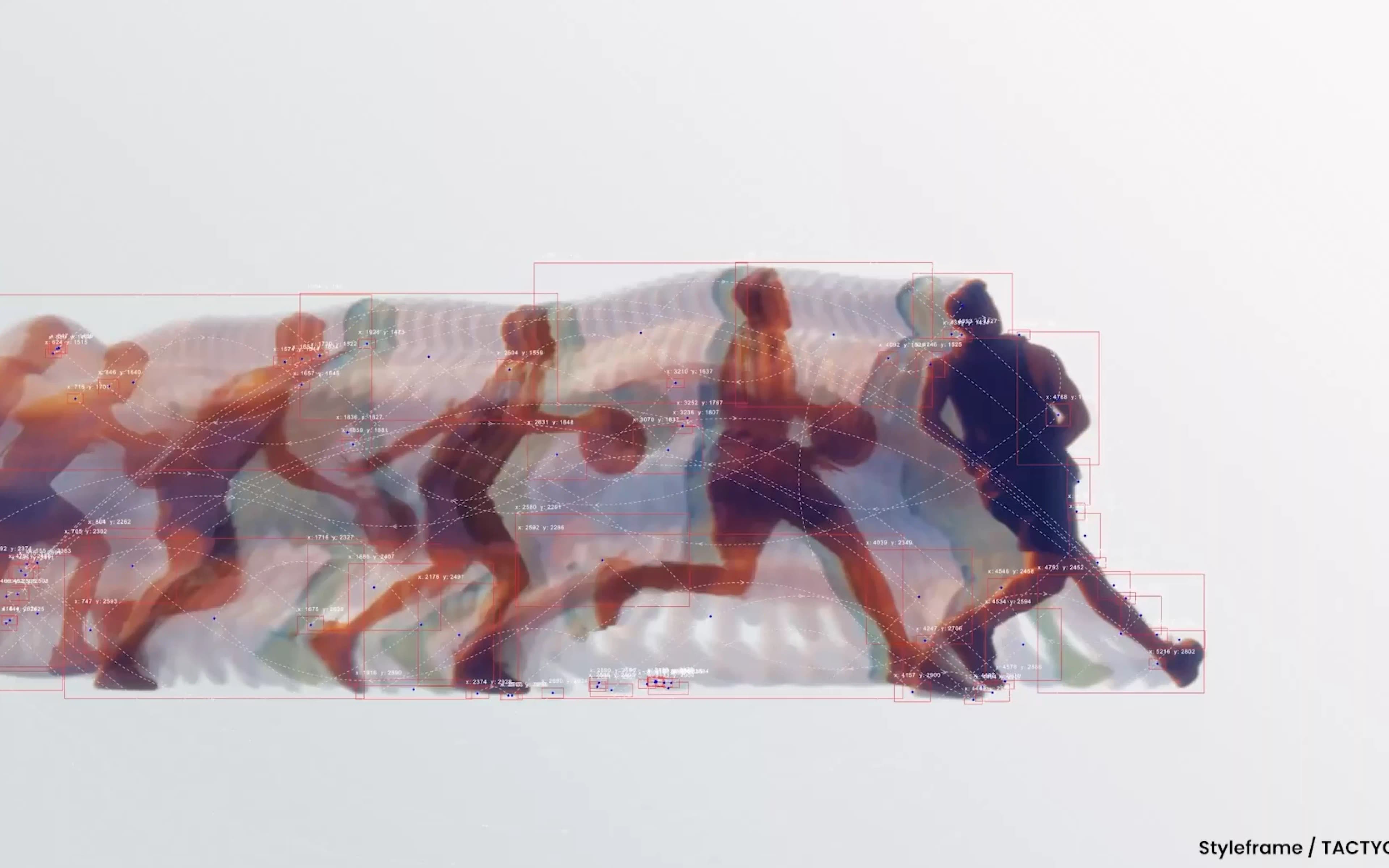 Showreel styleframe: a basketball player driving forward, repeated across the frame in overlapping translucent trails and overlaid with fine red tracking boxes and telemetry, on a pale grey ground.